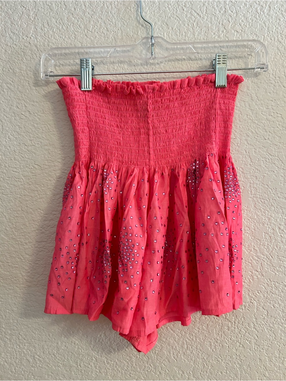 QUEEN OF SPARKLES Coral Pink High-Waist Smocked Shorts with Rhinestones